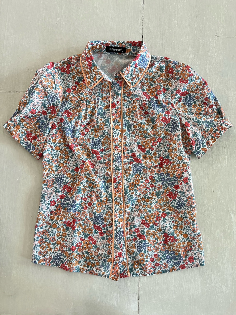 Allegra K Floral Button Front Blouse Women’s Small Contrast Piping